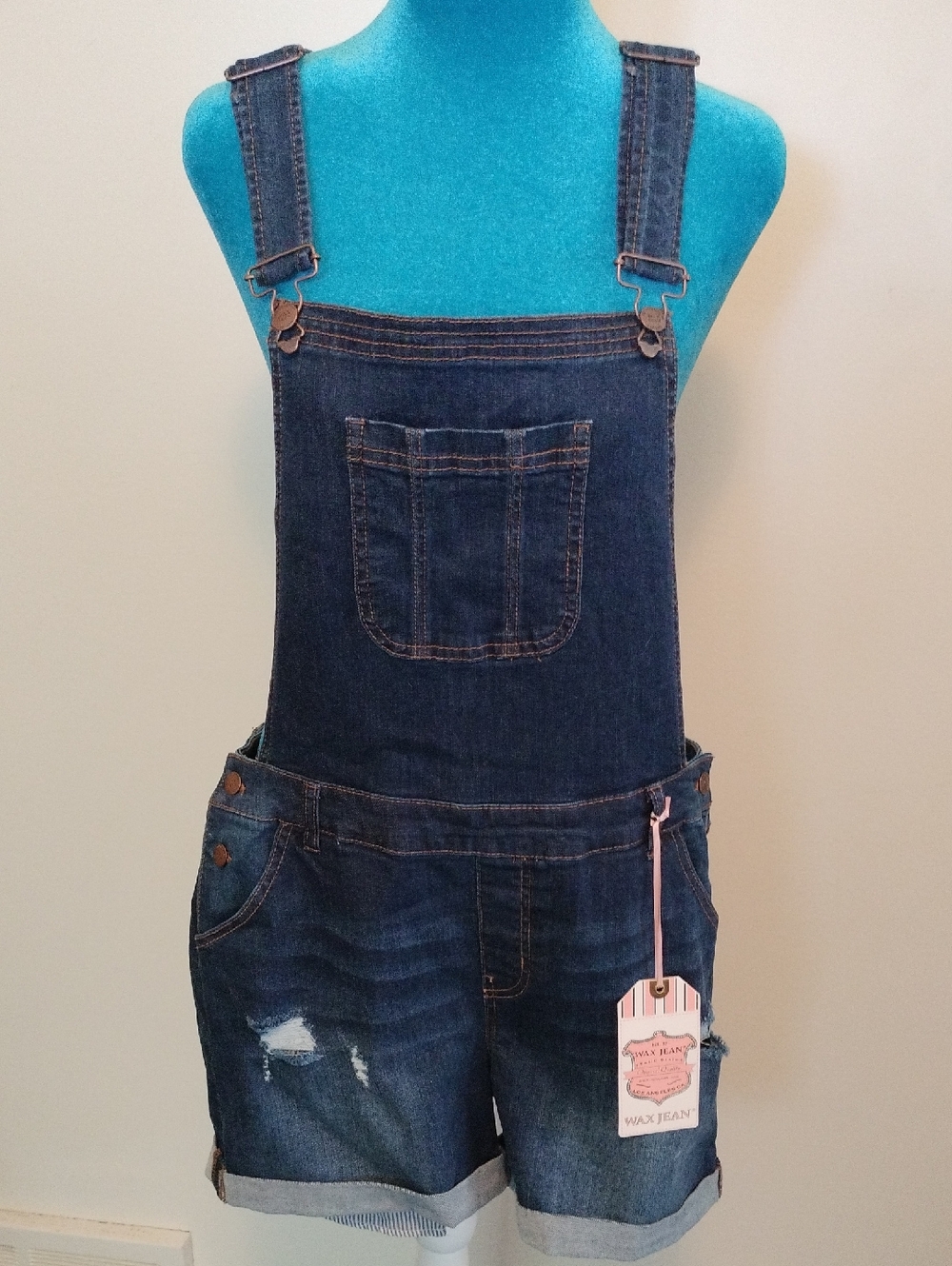 Wax Jean Blue Denim Short Overalls with Pink Label